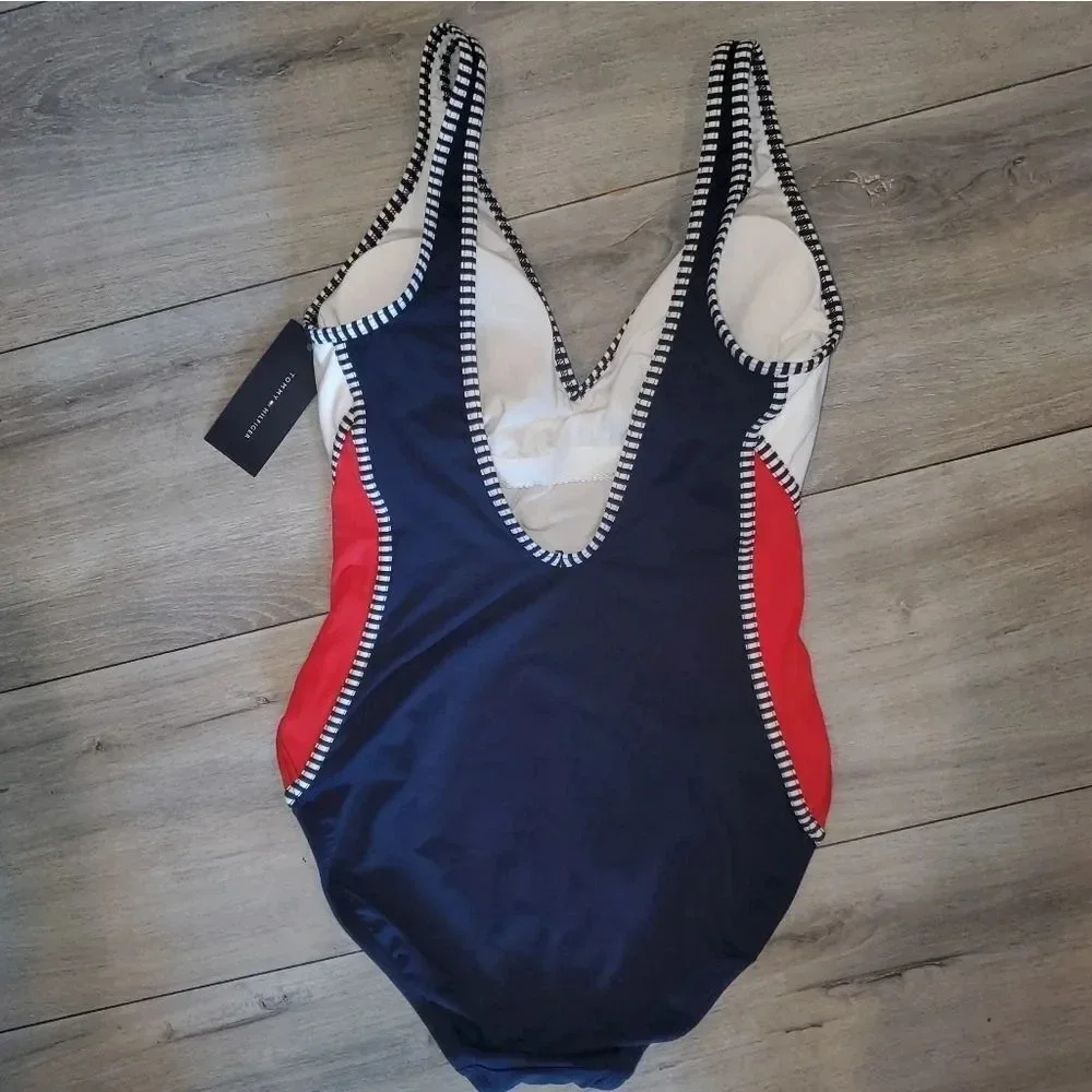 Tommy Hilfiger Womens Nomad Color Block V-Neck One Piece red navy white swimsuit